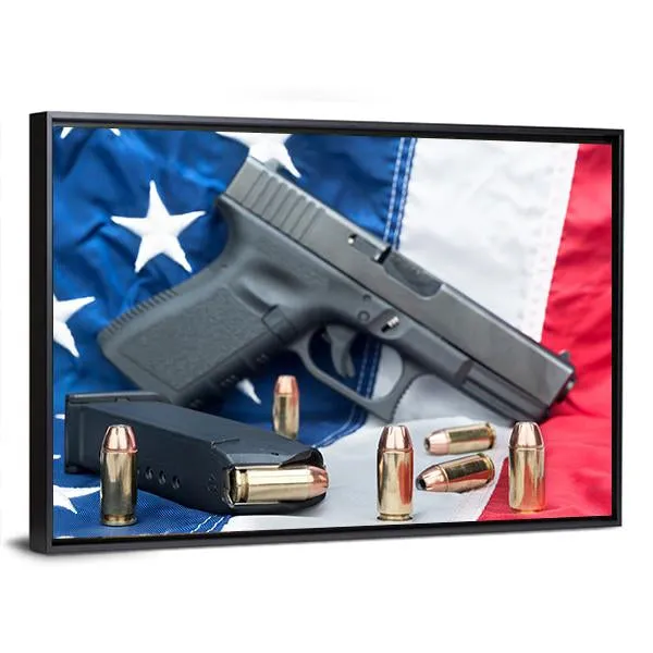 Gun & Bullets On American Flag Canvas Wall Art