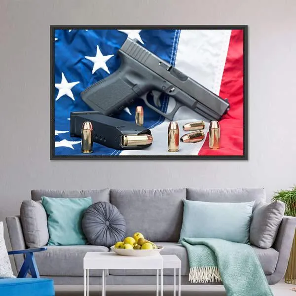 Gun & Bullets On American Flag Canvas Wall Art