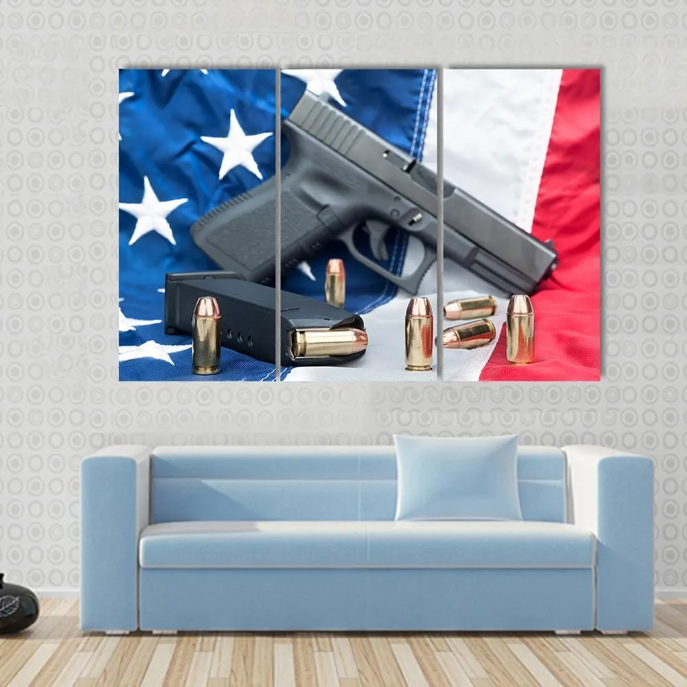 Gun & Bullets On American Flag Canvas Wall Art