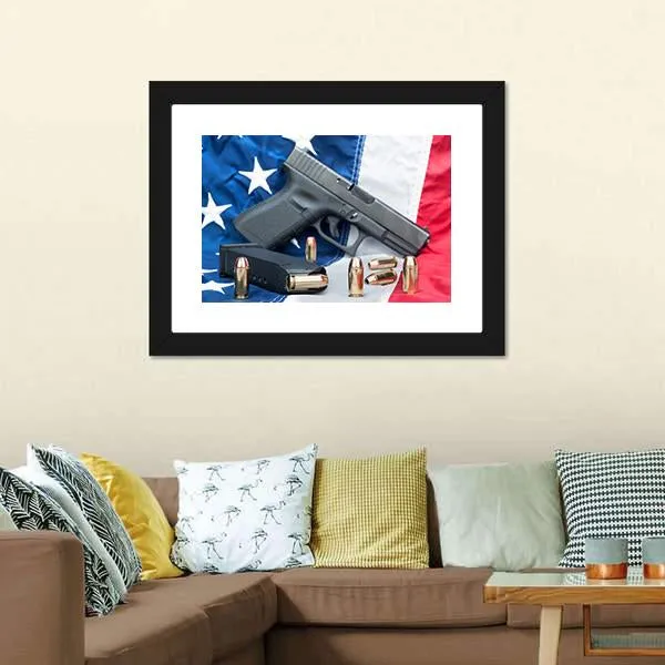 Gun & Bullets On American Flag Canvas Wall Art