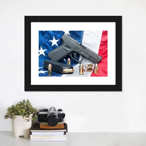 Gun & Bullets On American Flag Canvas Wall Art