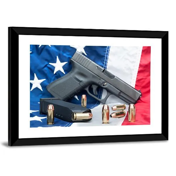 Gun & Bullets On American Flag Canvas Wall Art