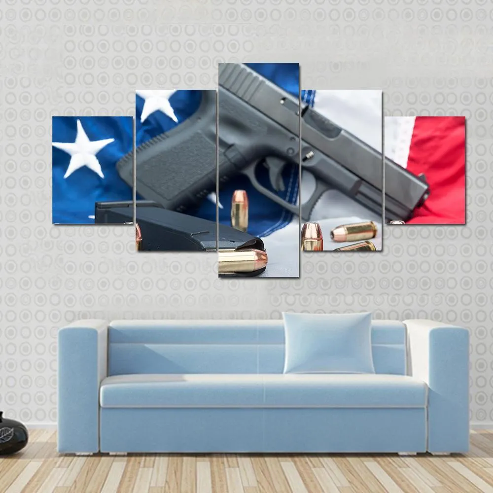 Gun & Bullets On American Flag Canvas Wall Art