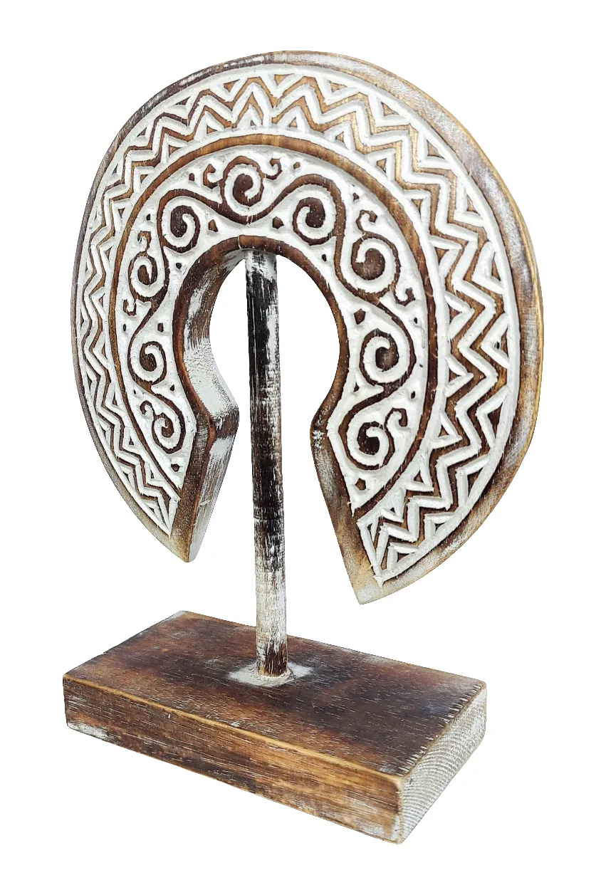 Home Decor: Tabletop Showpiece. Hand Carved Wooden Tribal Design Decor on Stand.