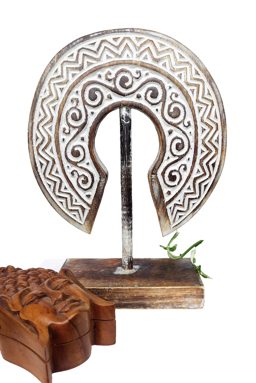 Home Decor: Tabletop Showpiece. Hand Carved Wooden Tribal Design Decor on Stand.