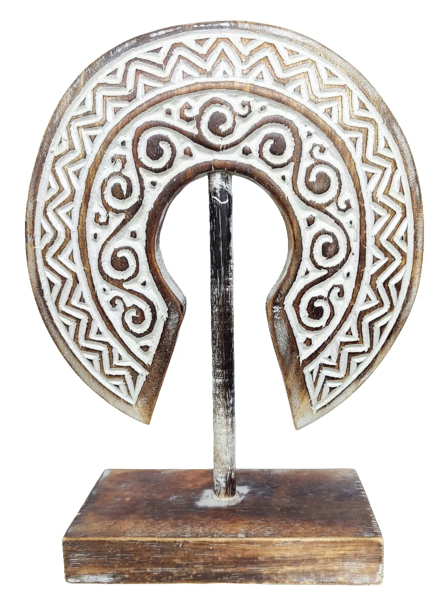 Home Decor: Tabletop Showpiece. Hand Carved Wooden Tribal Design Decor on Stand.