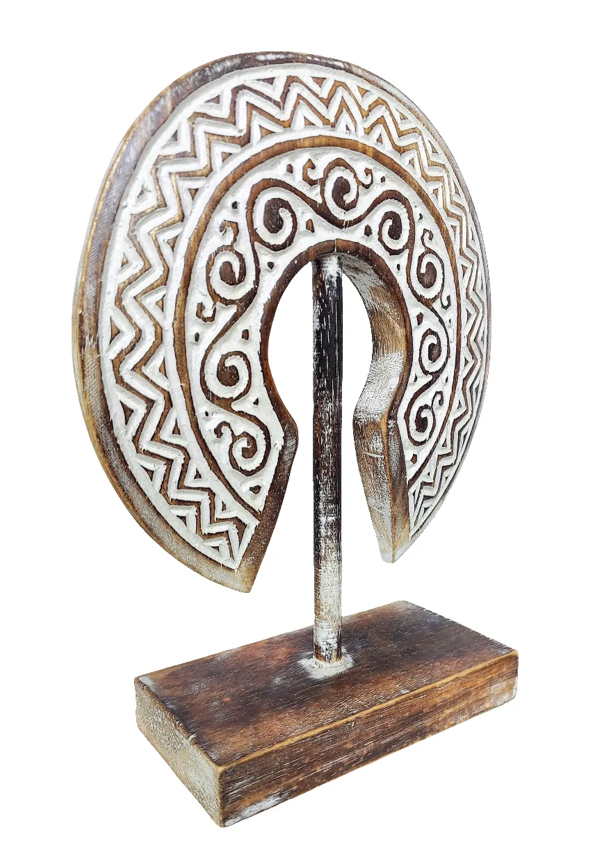 Home Decor: Tabletop Showpiece. Hand Carved Wooden Tribal Design Decor on Stand.