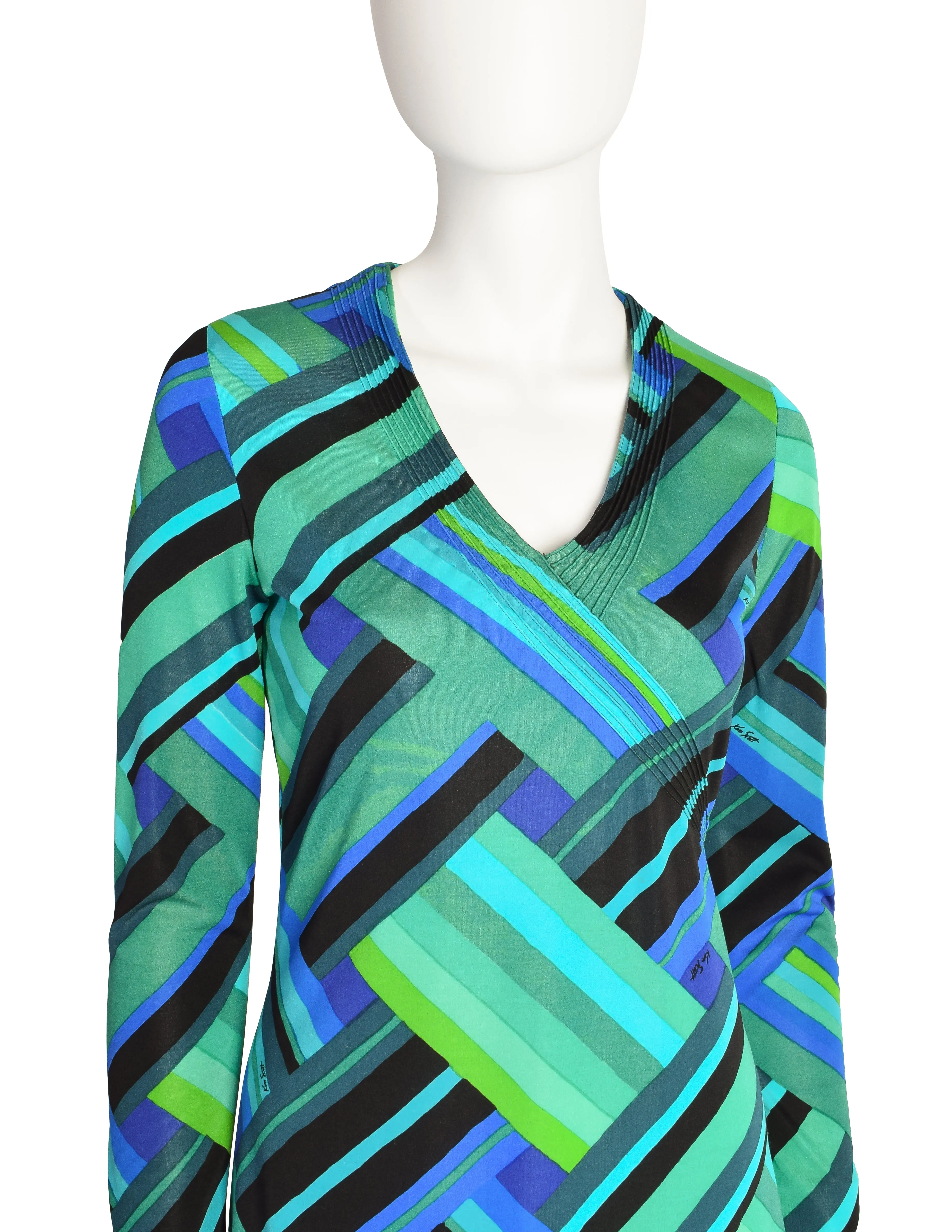 Ken Scott Vintage 1970s Green Blue Geometric Op Art Print Dress