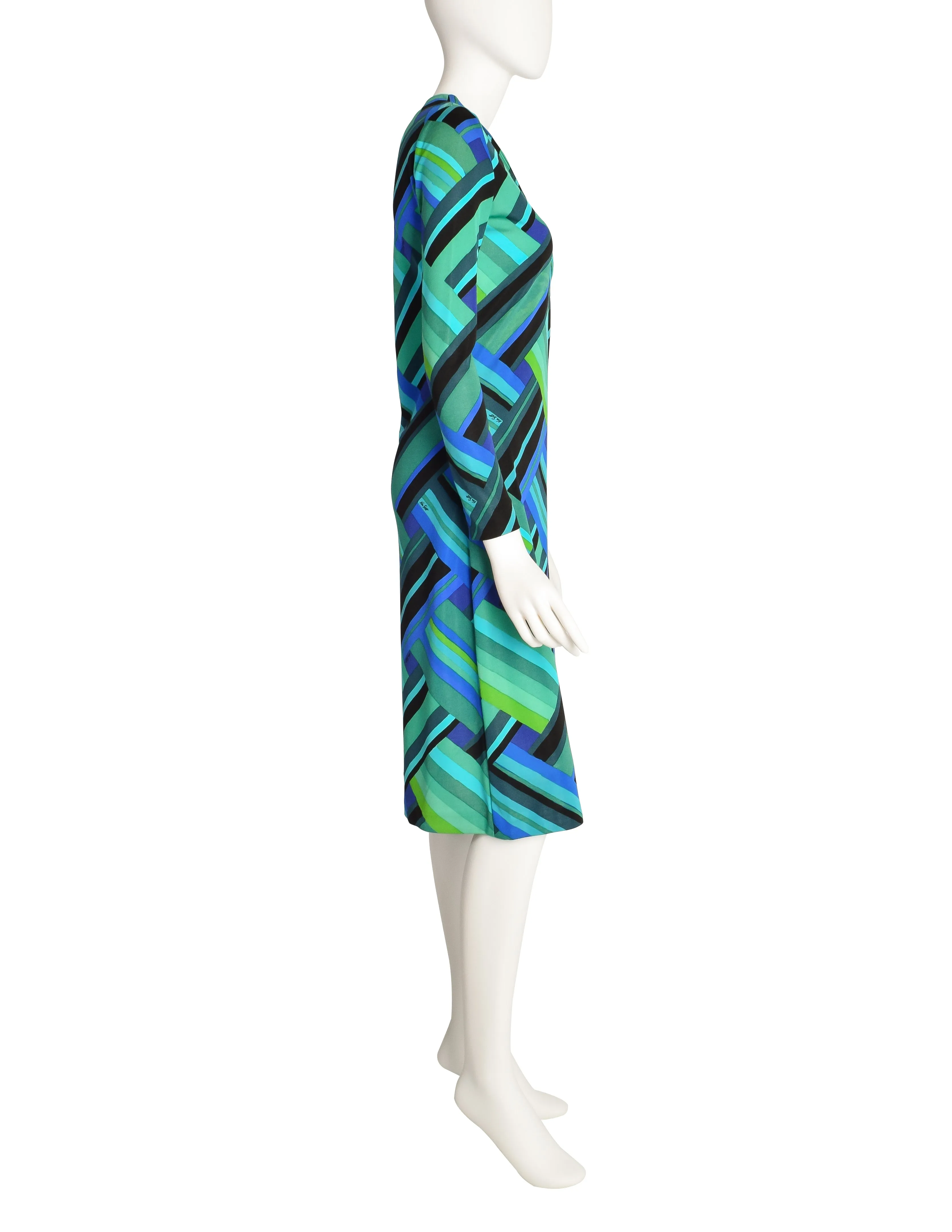 Ken Scott Vintage 1970s Green Blue Geometric Op Art Print Dress