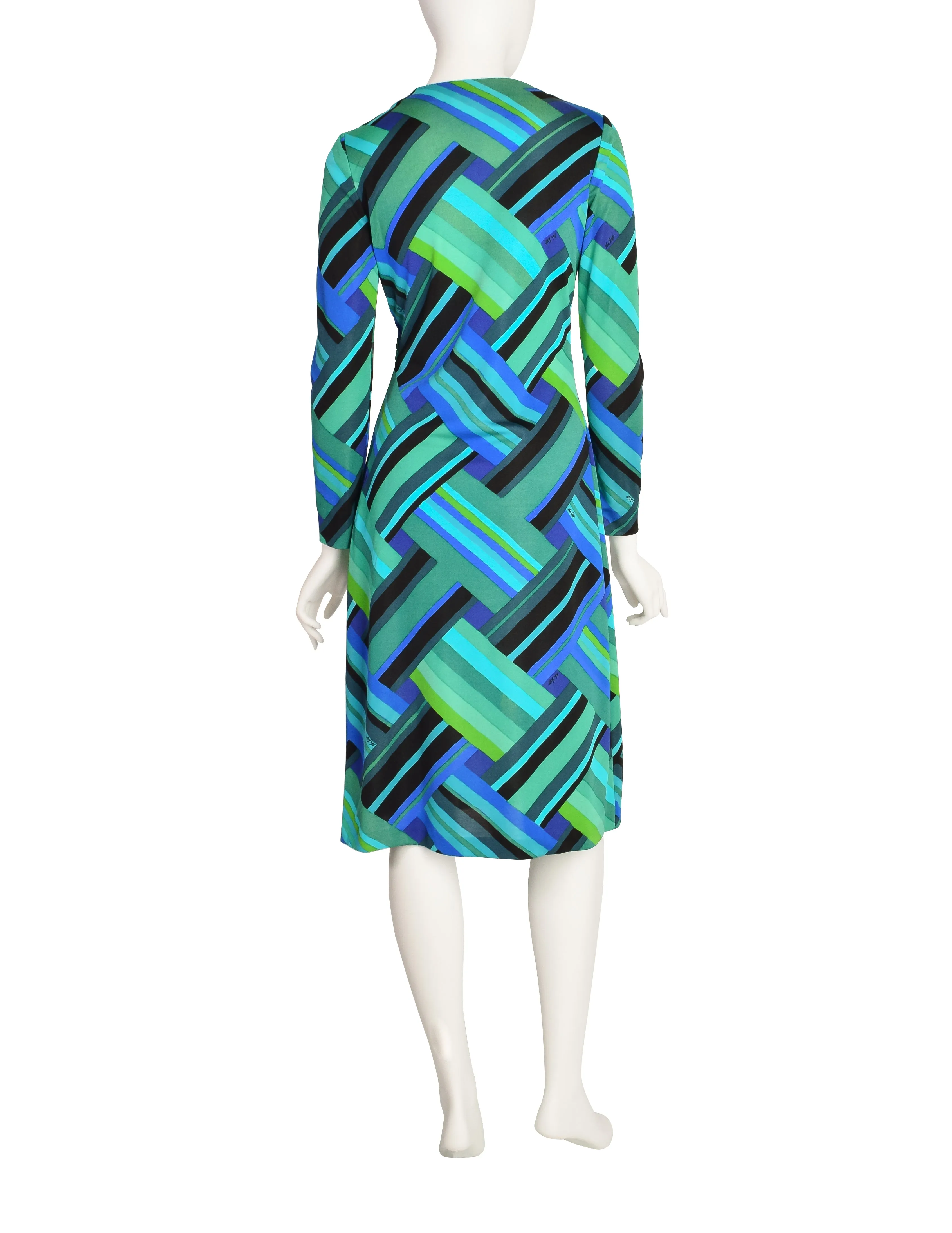 Ken Scott Vintage 1970s Green Blue Geometric Op Art Print Dress