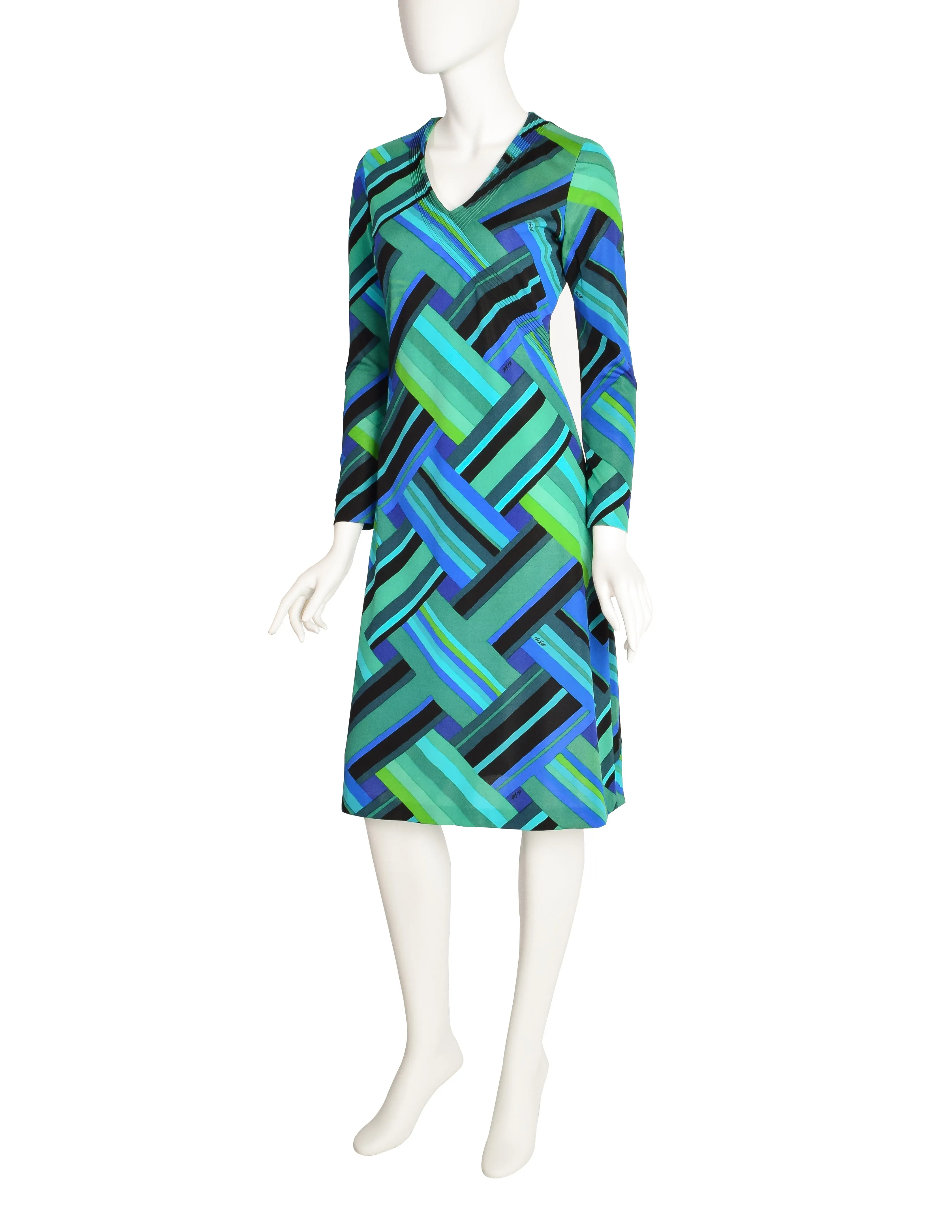 Ken Scott Vintage 1970s Green Blue Geometric Op Art Print Dress