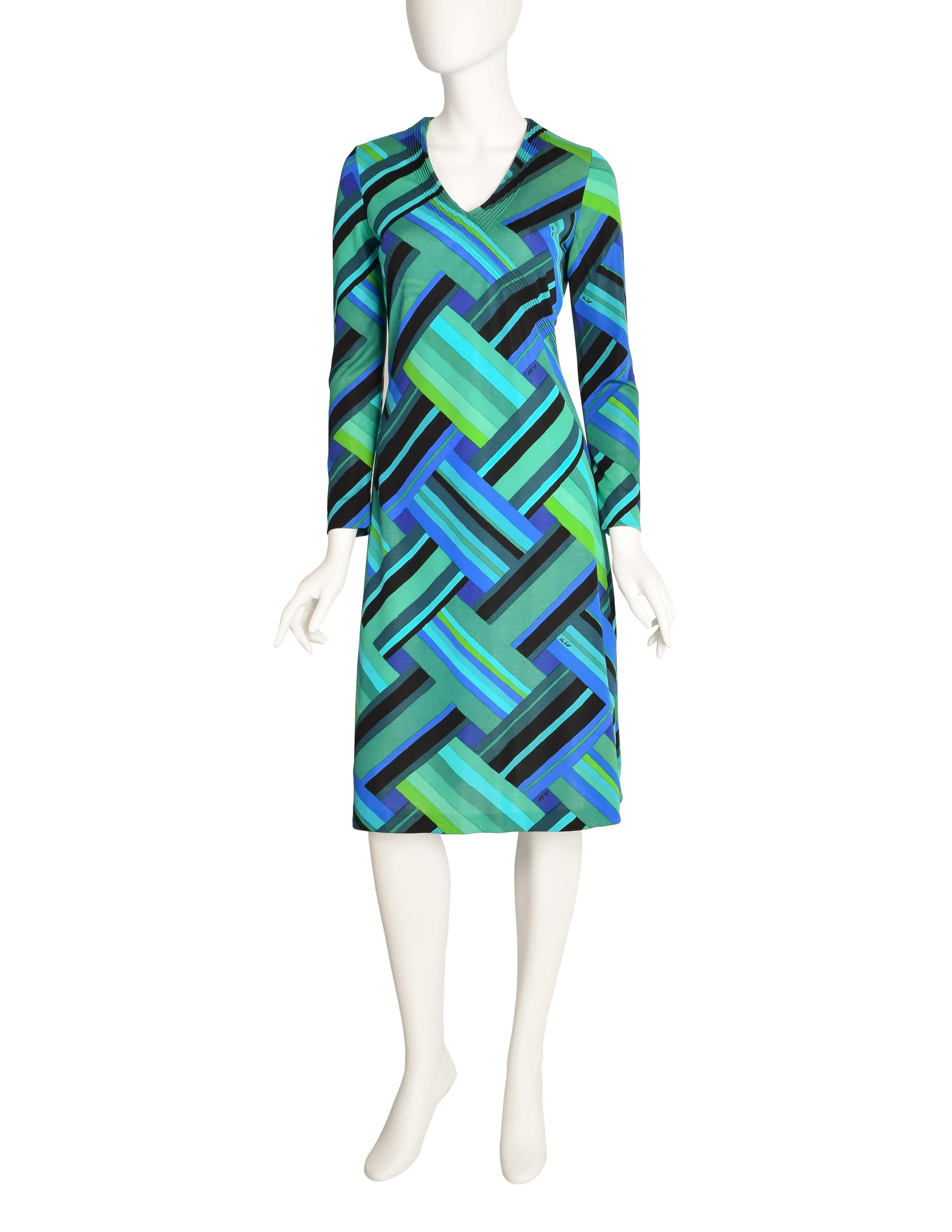 Ken Scott Vintage 1970s Green Blue Geometric Op Art Print Dress