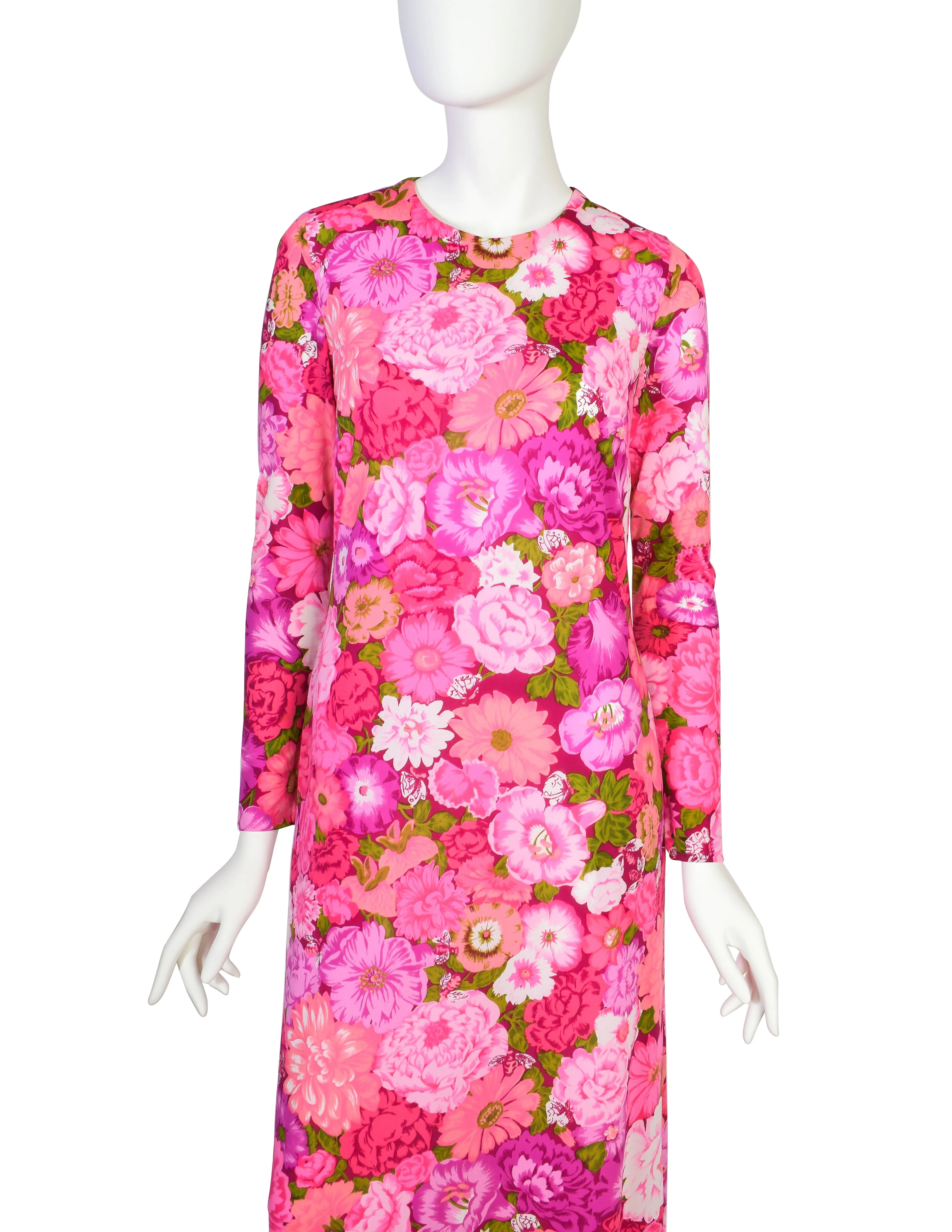 Ken Scott Vintage 1970s Hot Pink Floral Insect Print Maxi Dress