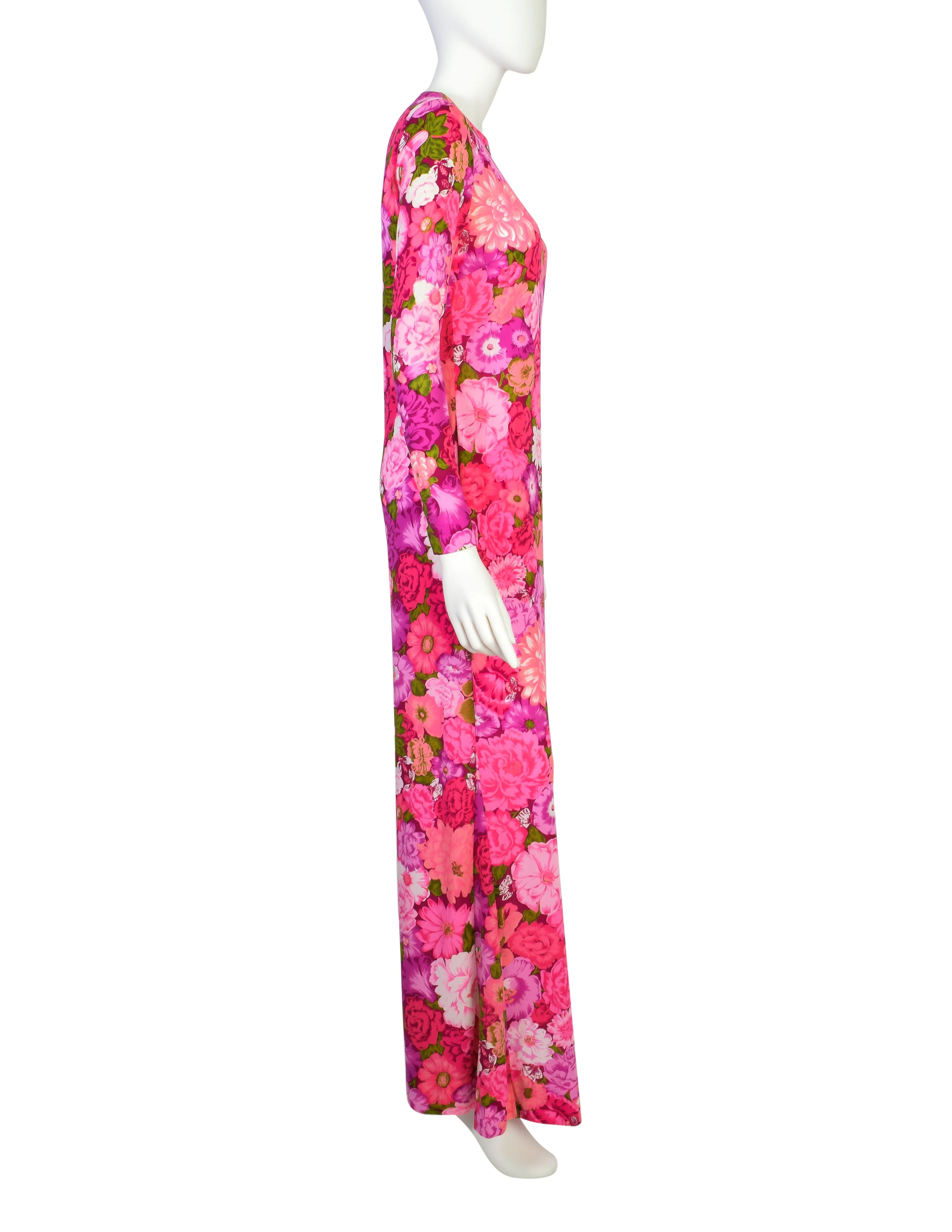 Ken Scott Vintage 1970s Hot Pink Floral Insect Print Maxi Dress