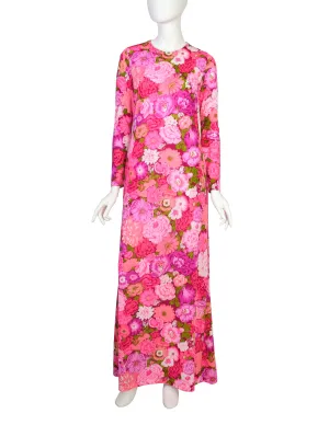 Ken Scott Vintage 1970s Hot Pink Floral Insect Print Maxi Dress