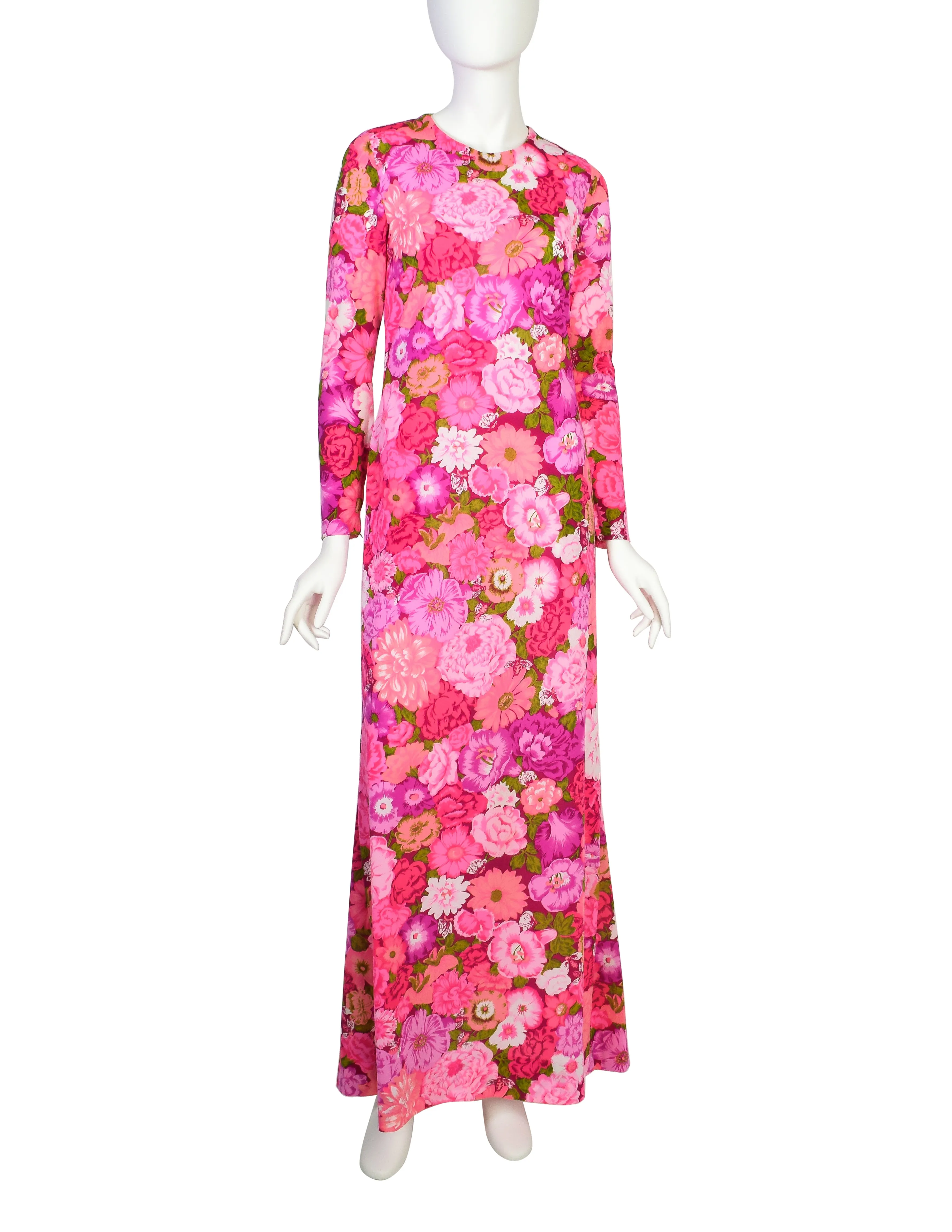 Ken Scott Vintage 1970s Hot Pink Floral Insect Print Maxi Dress