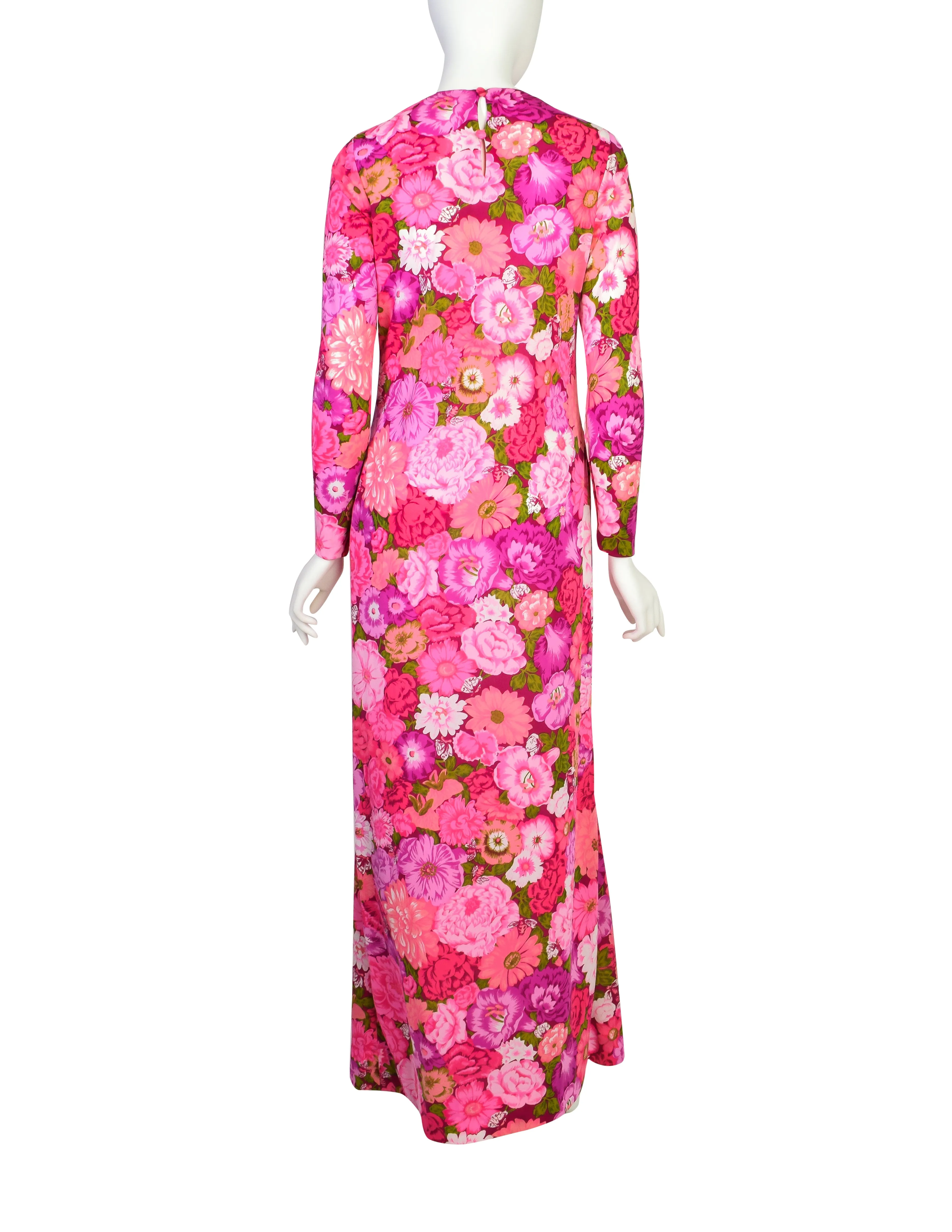 Ken Scott Vintage 1970s Hot Pink Floral Insect Print Maxi Dress