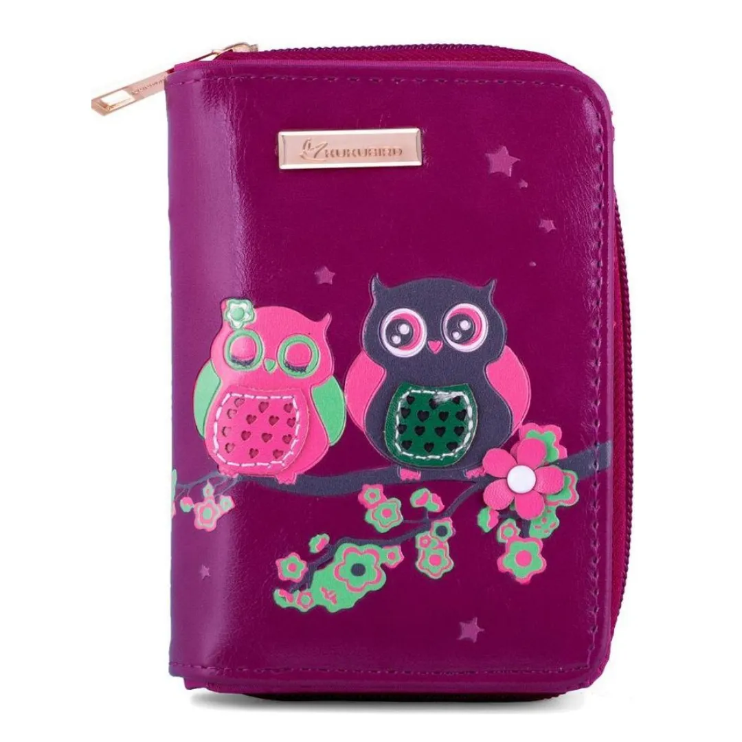 Kukubird Medium Purse 2 owl's on Branch - Purple