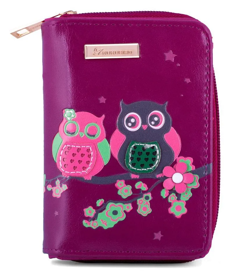 Kukubird Medium Purse 2 owl's on Branch - Purple