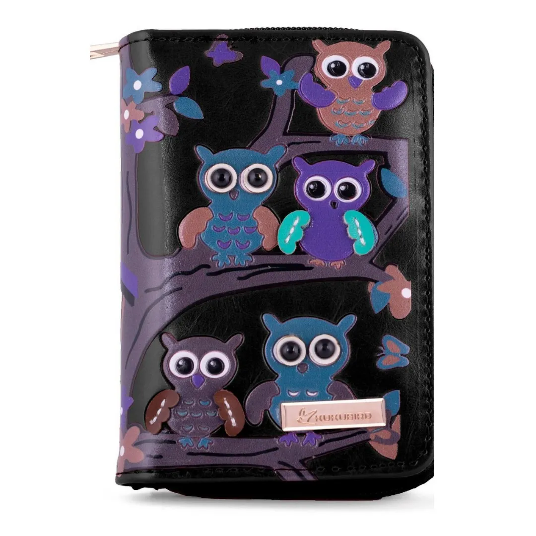 Kukubird Medium Purse Owl's in Tree - Black