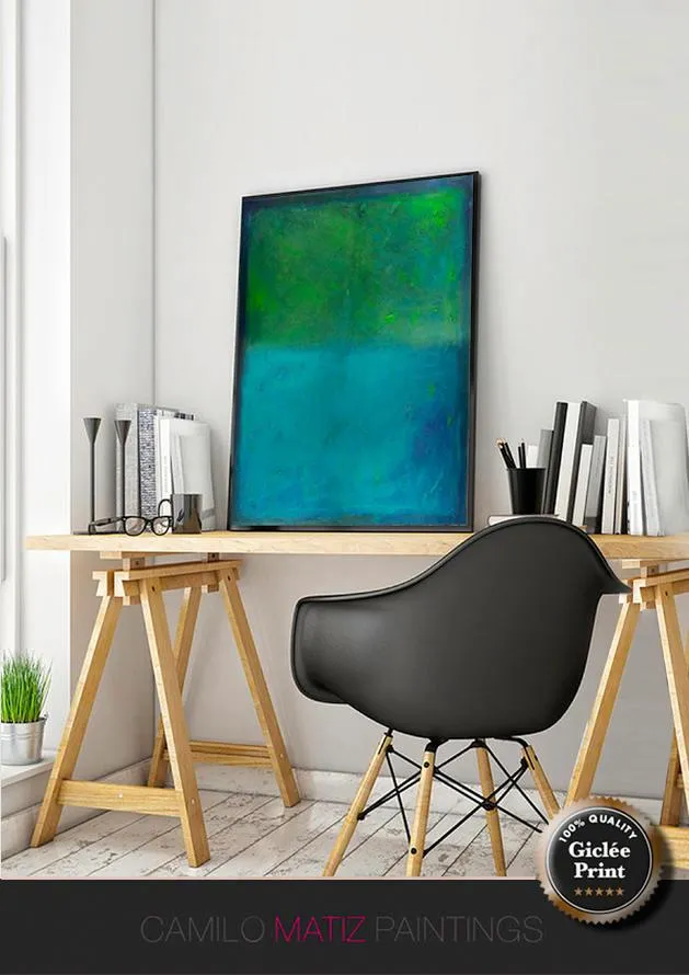 Large wall art giclee print, green blue geometric abstract painting, large abstract painting print, giclee wall art