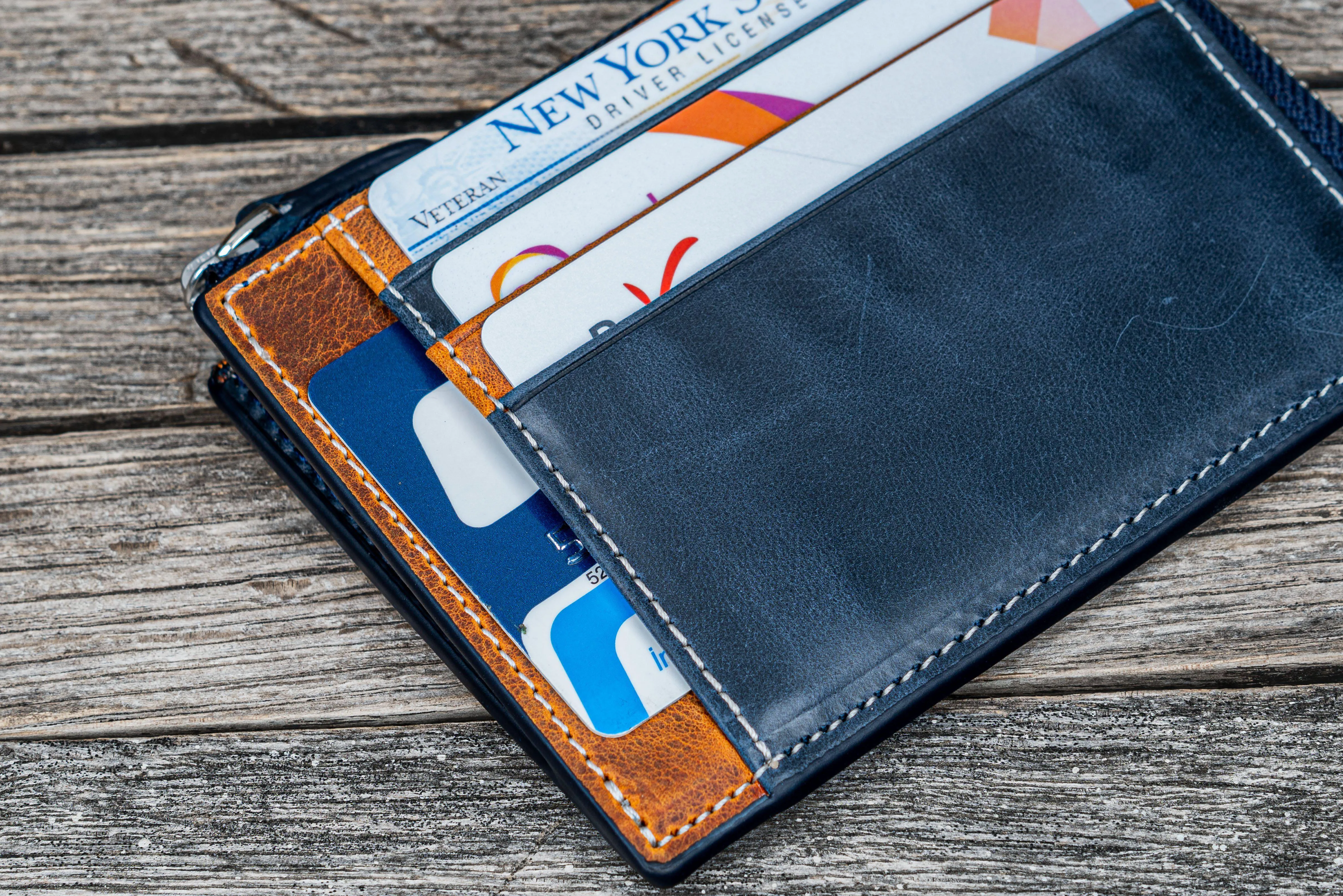 Leather Zippered Mega Mini Wallet - C. H. Brown / Navy Blue Multi Color Silk Lining