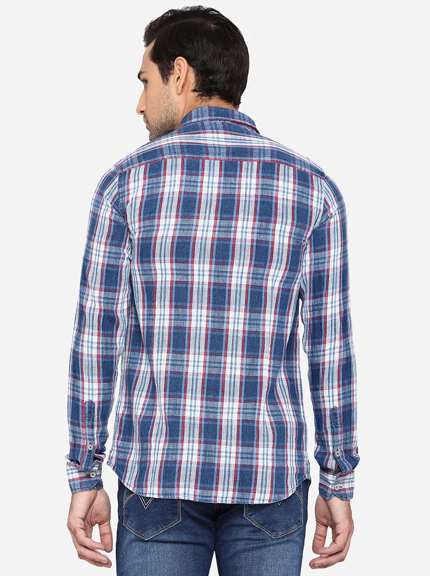 Light Indigo Blue Checked Slim Fit Semi Casual Shirt | JadeBlue