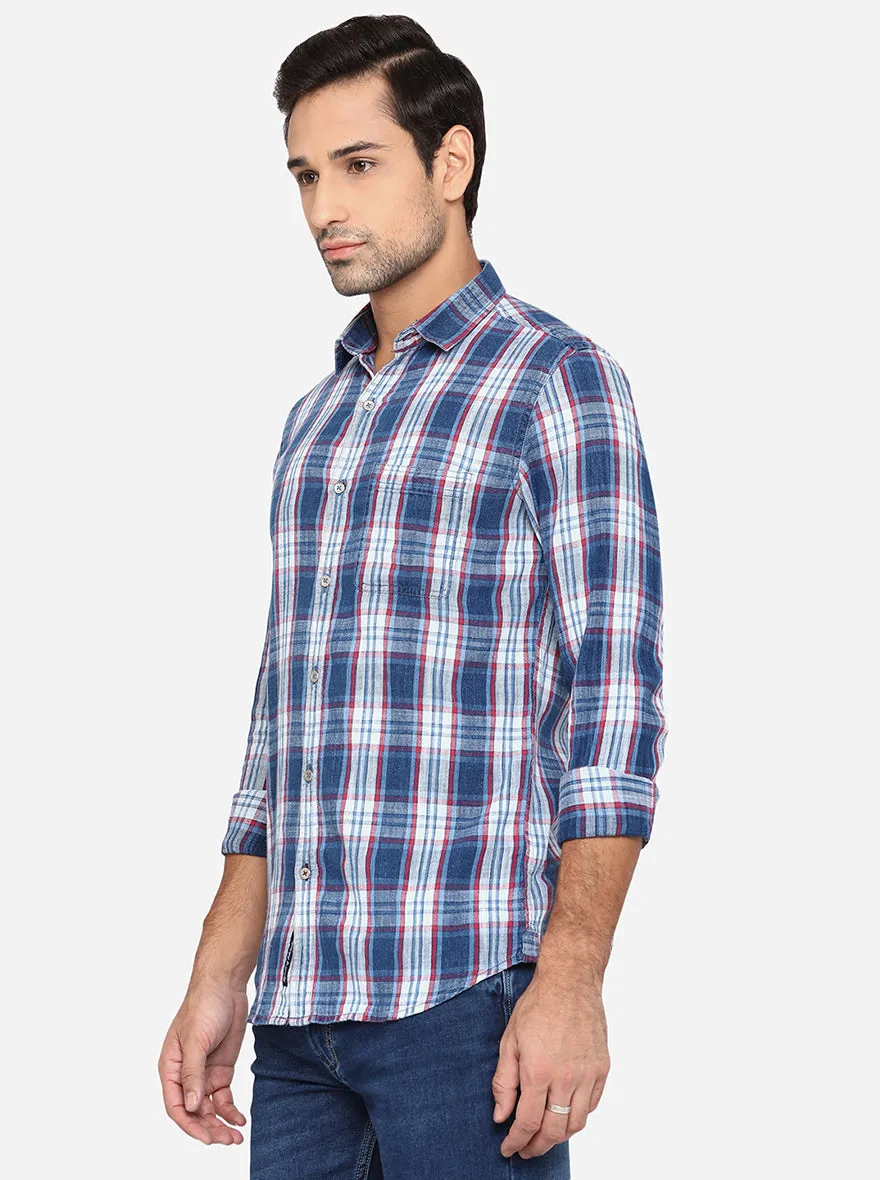 Light Indigo Blue Checked Slim Fit Semi Casual Shirt | JadeBlue