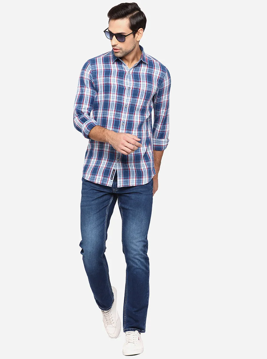 Light Indigo Blue Checked Slim Fit Semi Casual Shirt | JadeBlue