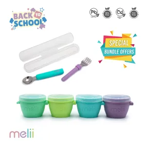 Melii Silicone Snap & Go Pads, Food Storage Container (4 oz, 4 pcs) & Detachable Spoon & Fork with Carrying Case (Blue & Purple) - BPA Free, Durable, Fun Designs