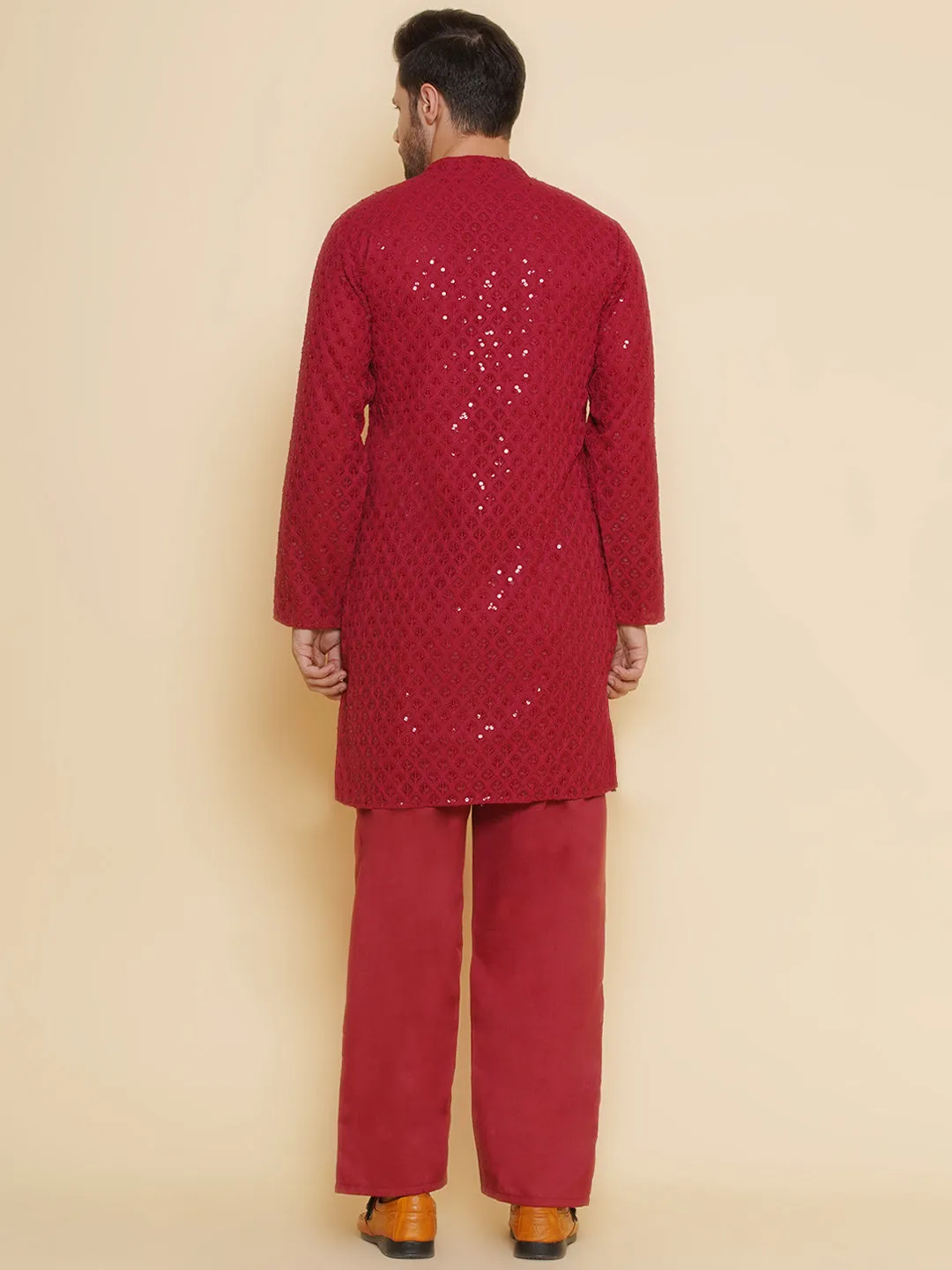 Men Maroon Sequence Embroidery Festive Kurta Pyjamas