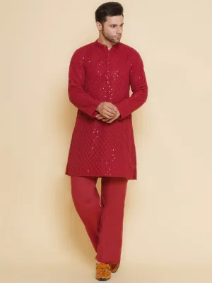 Men Maroon Sequence Embroidery Festive Kurta Pyjamas