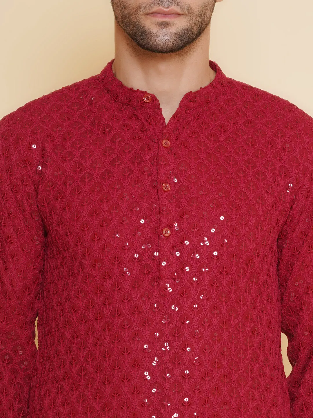 Men Maroon Sequence Embroidery Festive Kurta Pyjamas