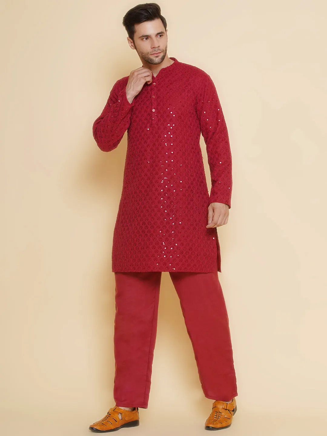 Men Maroon Sequence Embroidery Festive Kurta Pyjamas