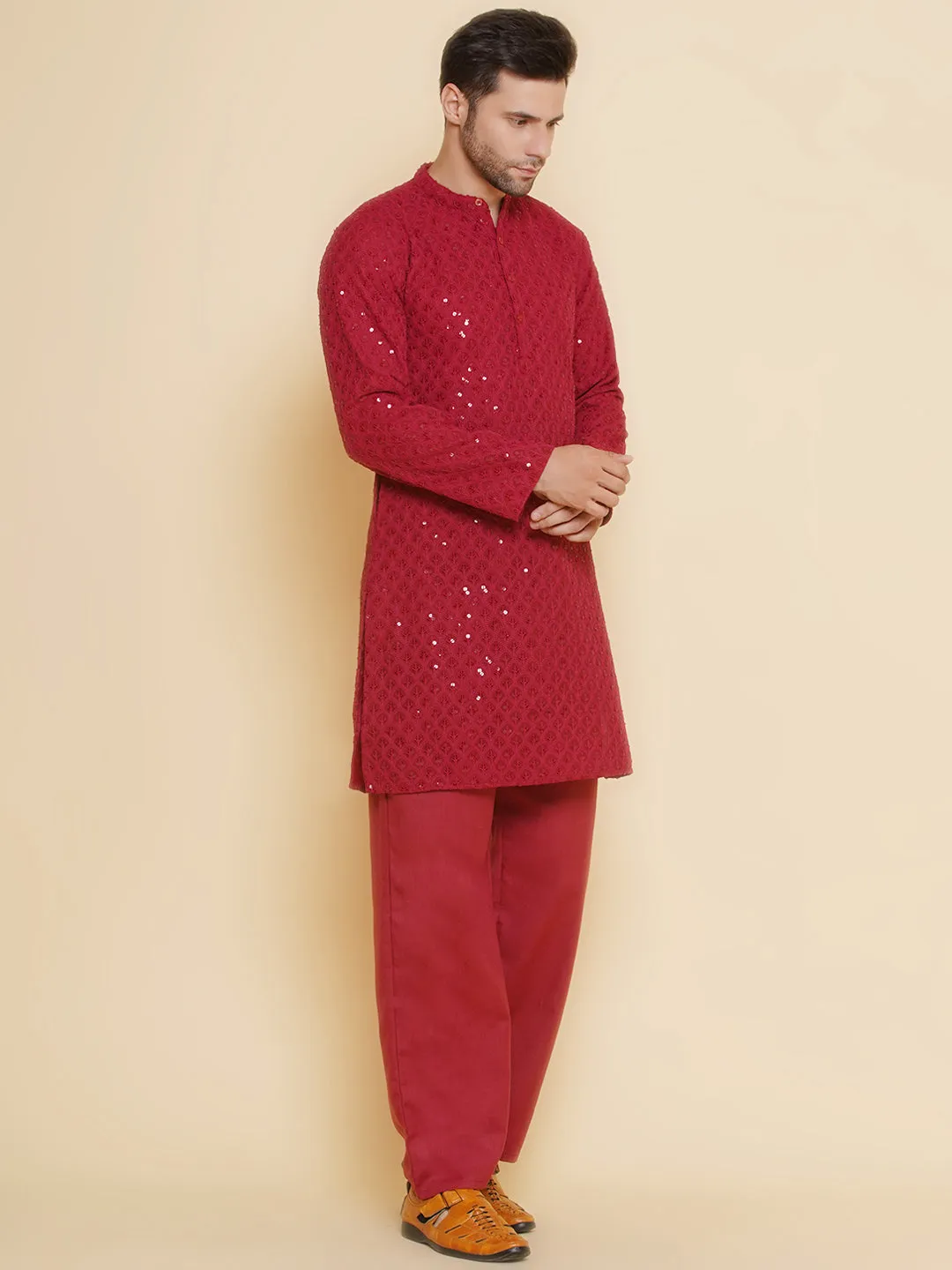 Men Maroon Sequence Embroidery Festive Kurta Pyjamas