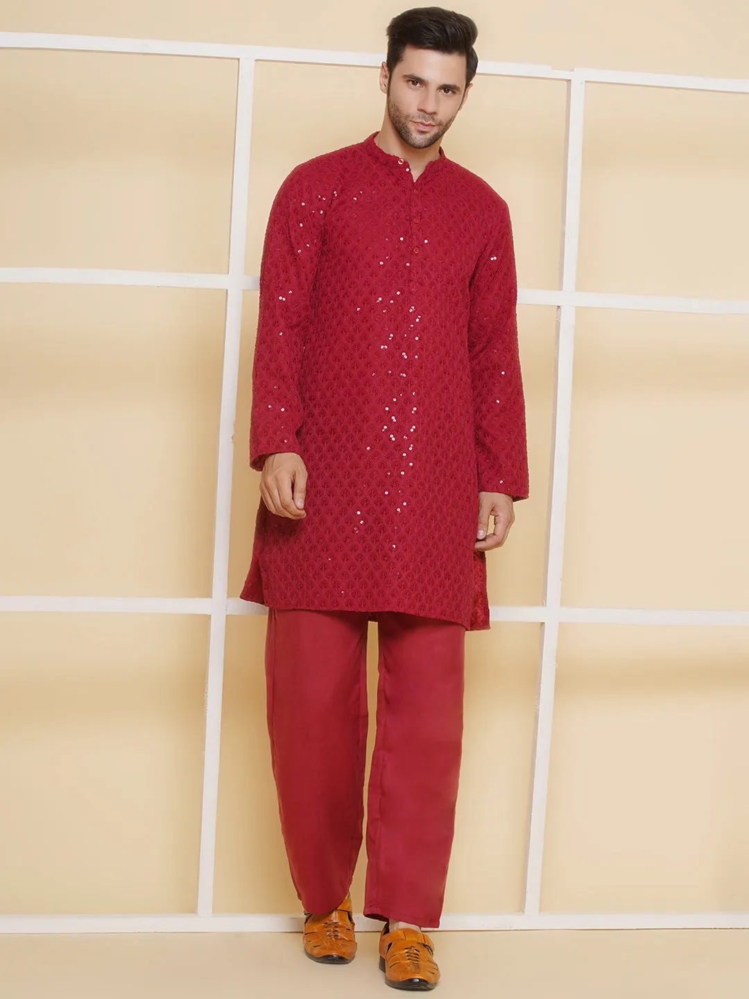 Men Maroon Sequence Embroidery Festive Kurta Pyjamas