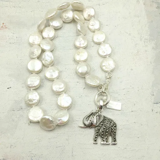 Michelle Pearl Necklace | Elephant Charm & Flat Coin Pearls | By Pearly Girls