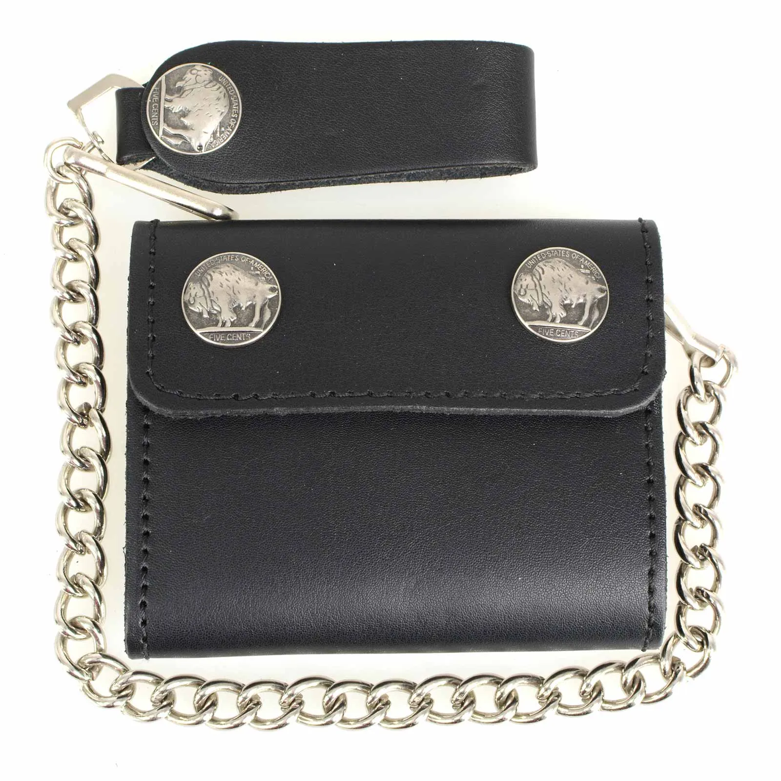 Milwaukee Leather MLW7821 Men's 4” Leather Biker Tr-Fold Wallet w/Buffalo Nickel Snaps Wallet w/ Anti-Theft Stainless Steel Chain