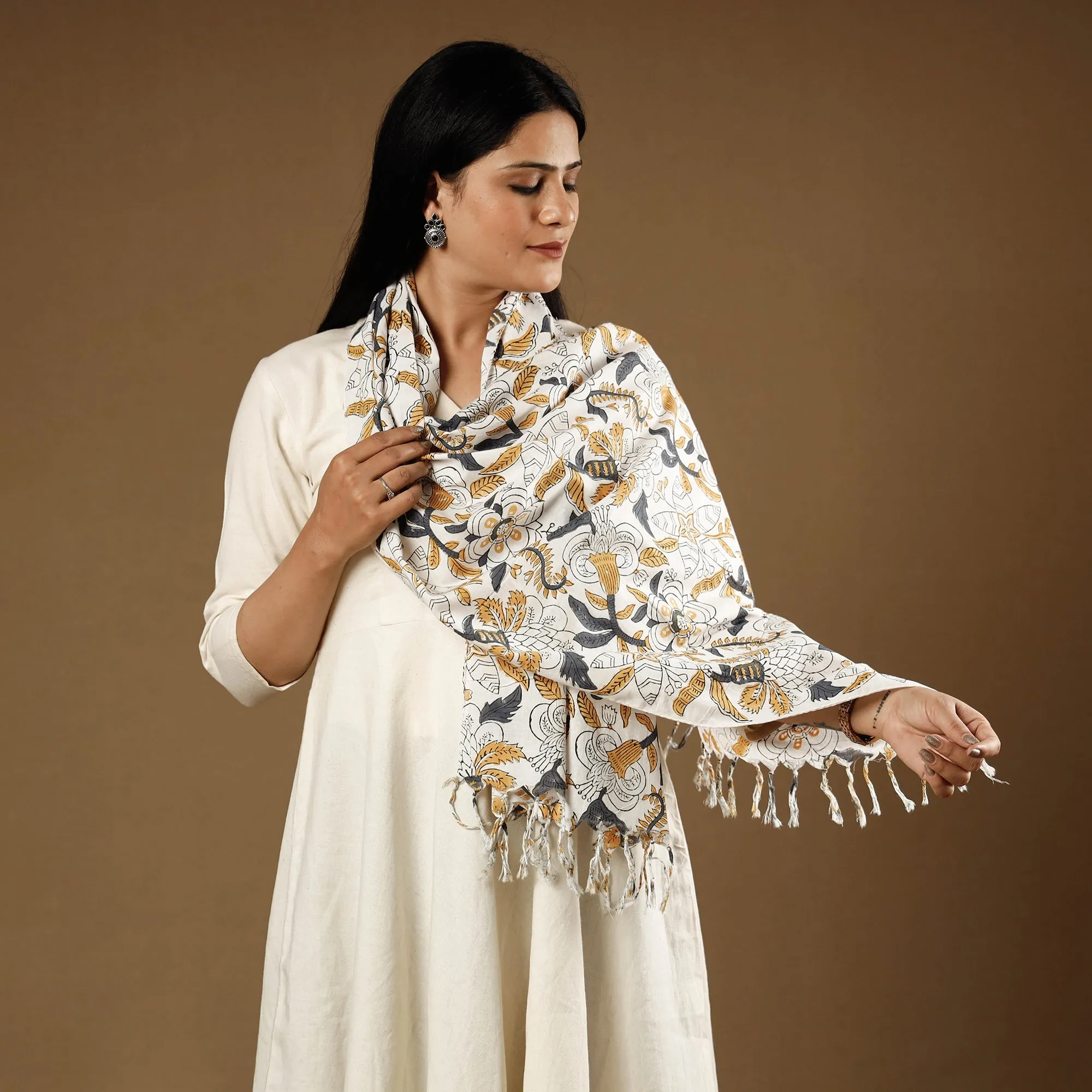 Multicolor - White With Yellow Flowers Sanganeri Block Printed Cotton Stole With Tassels