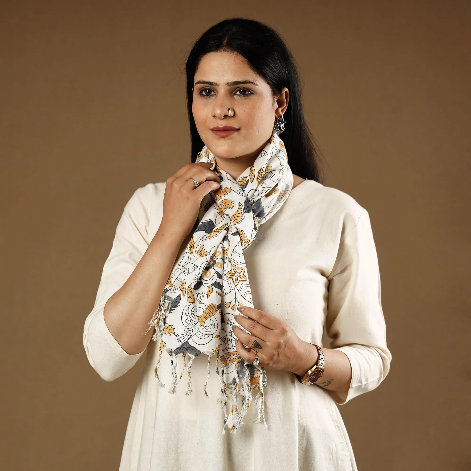 Multicolor - White With Yellow Flowers Sanganeri Block Printed Cotton Stole With Tassels