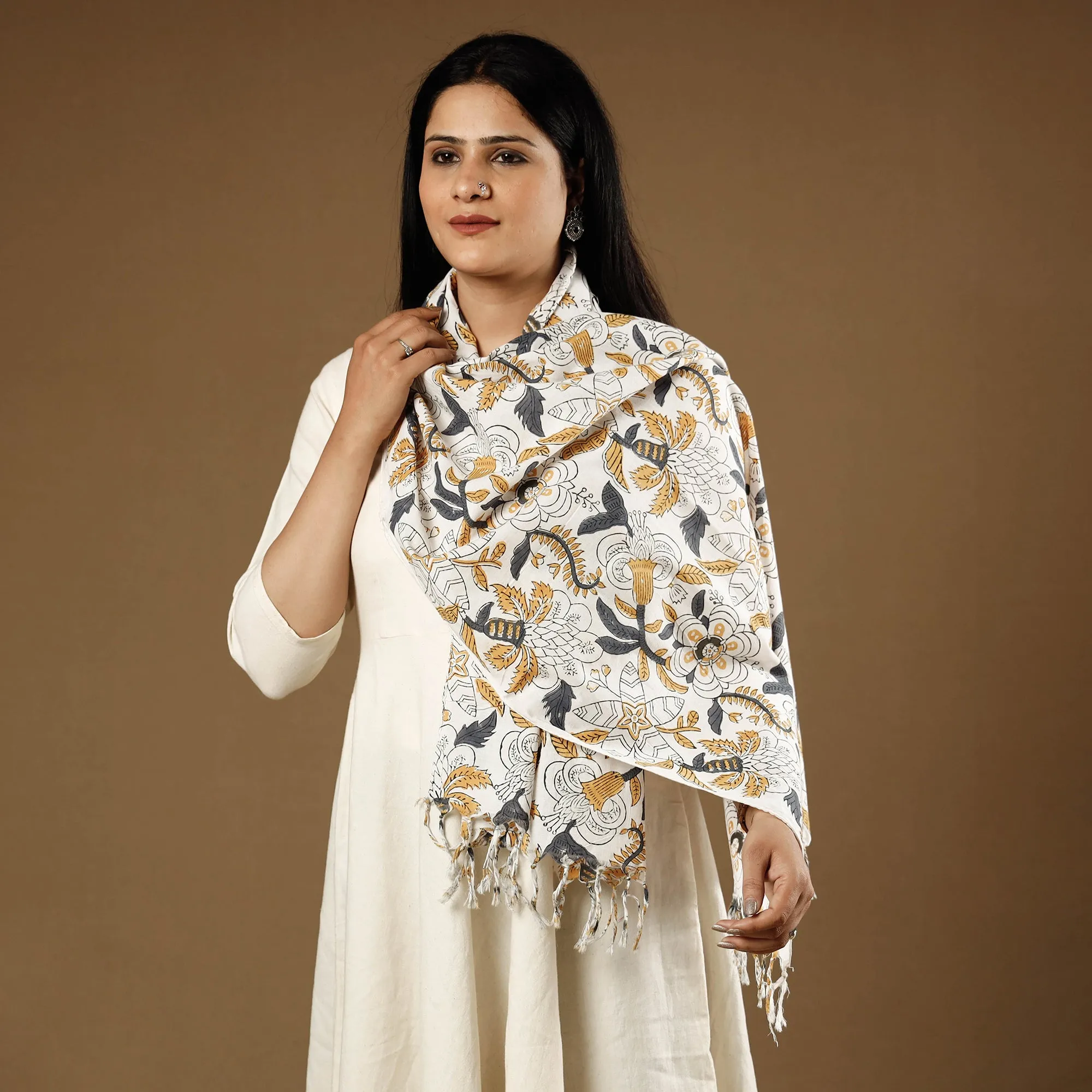 Multicolor - White With Yellow Flowers Sanganeri Block Printed Cotton Stole With Tassels