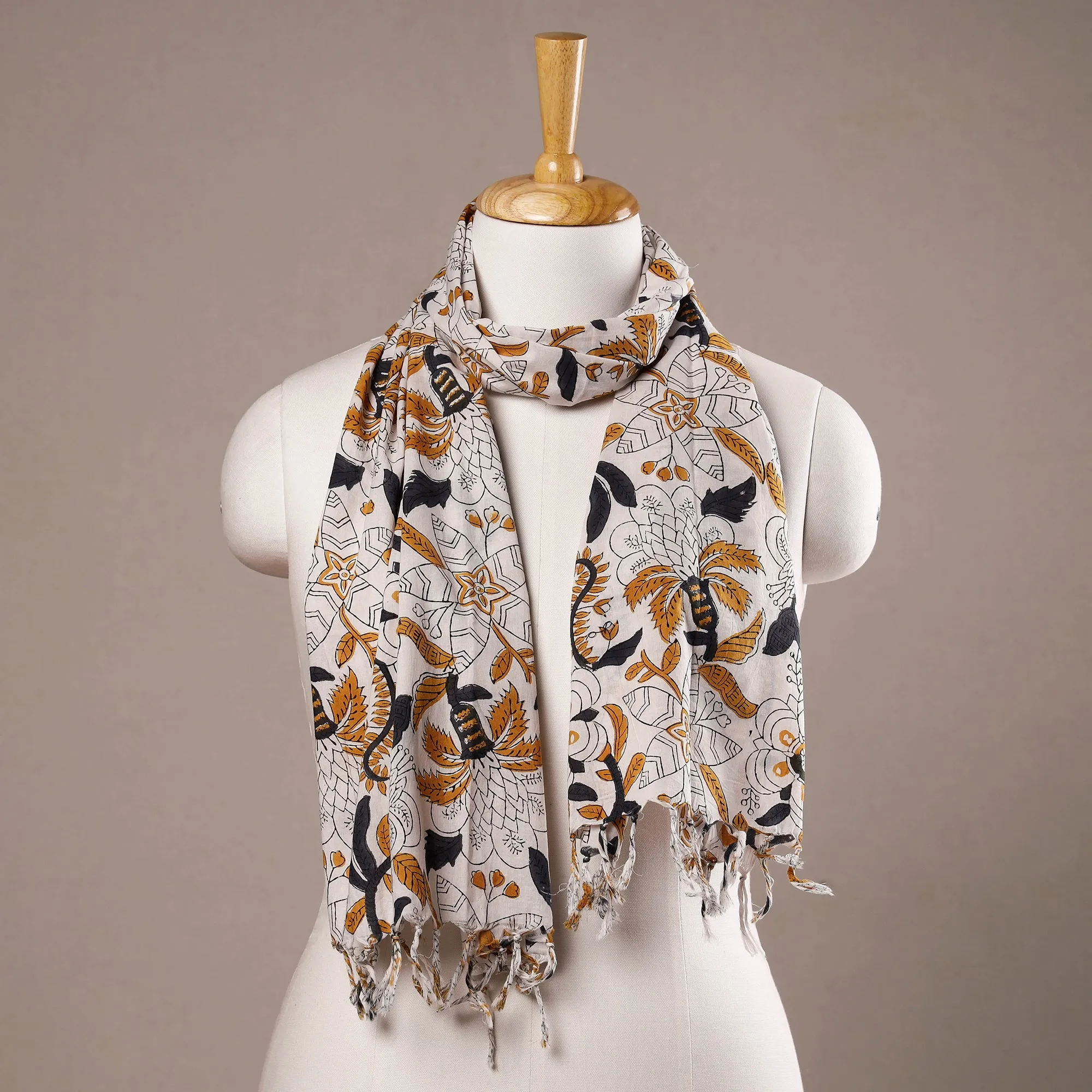 Multicolor - White With Yellow Flowers Sanganeri Block Printed Cotton Stole With Tassels