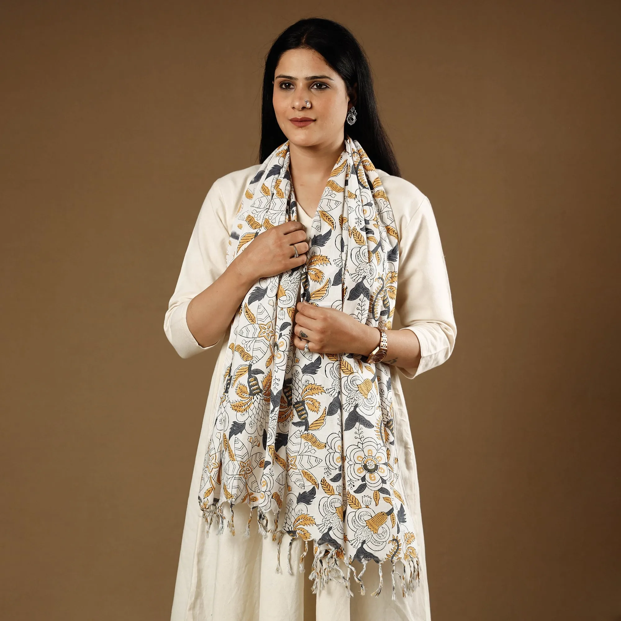 Multicolor - White With Yellow Flowers Sanganeri Block Printed Cotton Stole With Tassels