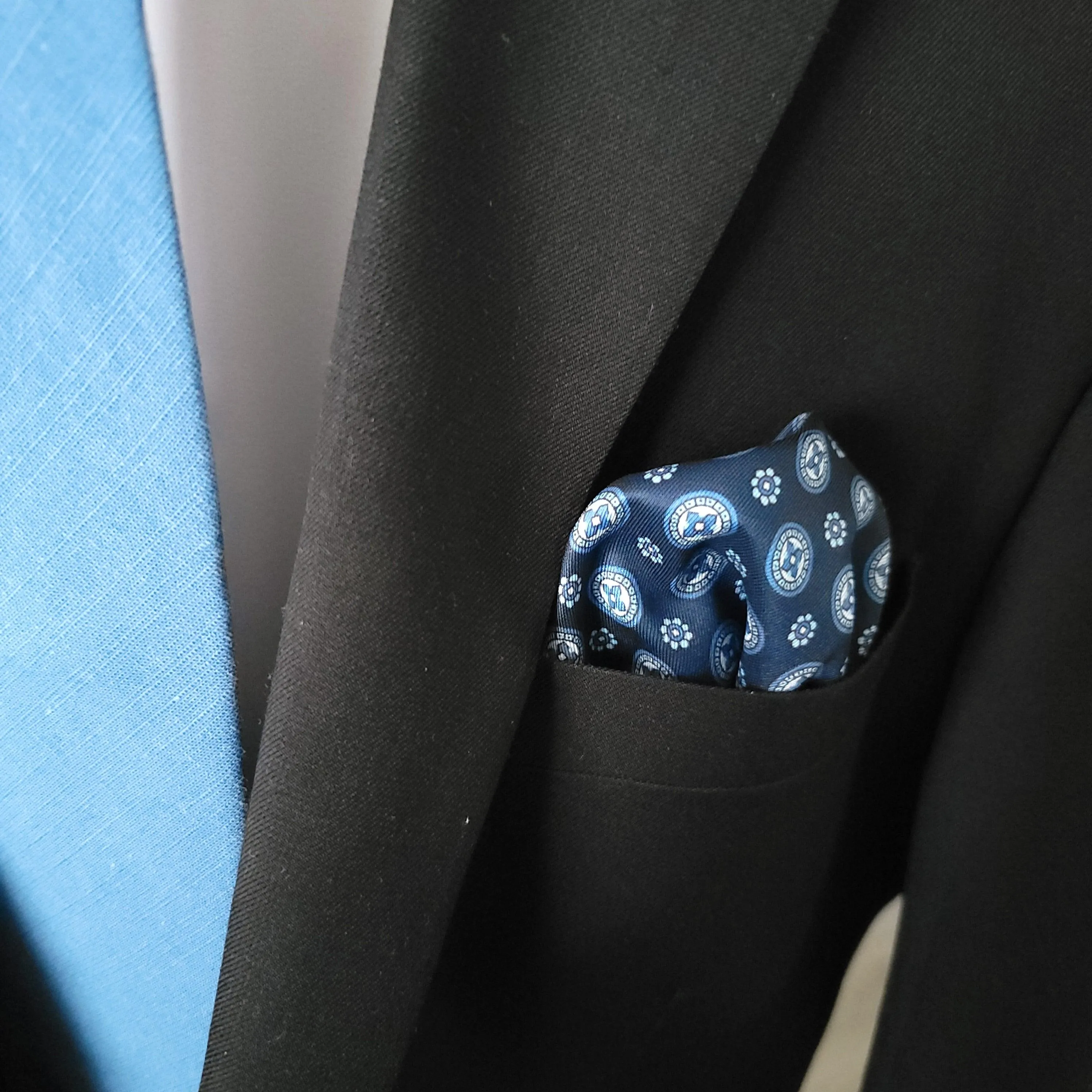 Navy Blue Light Blue Floral Stylish and Elegant Silk Pocket Square