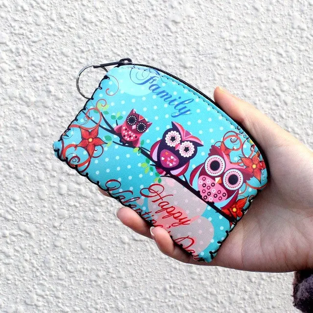 New graffiti cat elephant owl coin purse,Change purse card holder Handmade Hem wallets purse women clutch zipper coins bag pouch