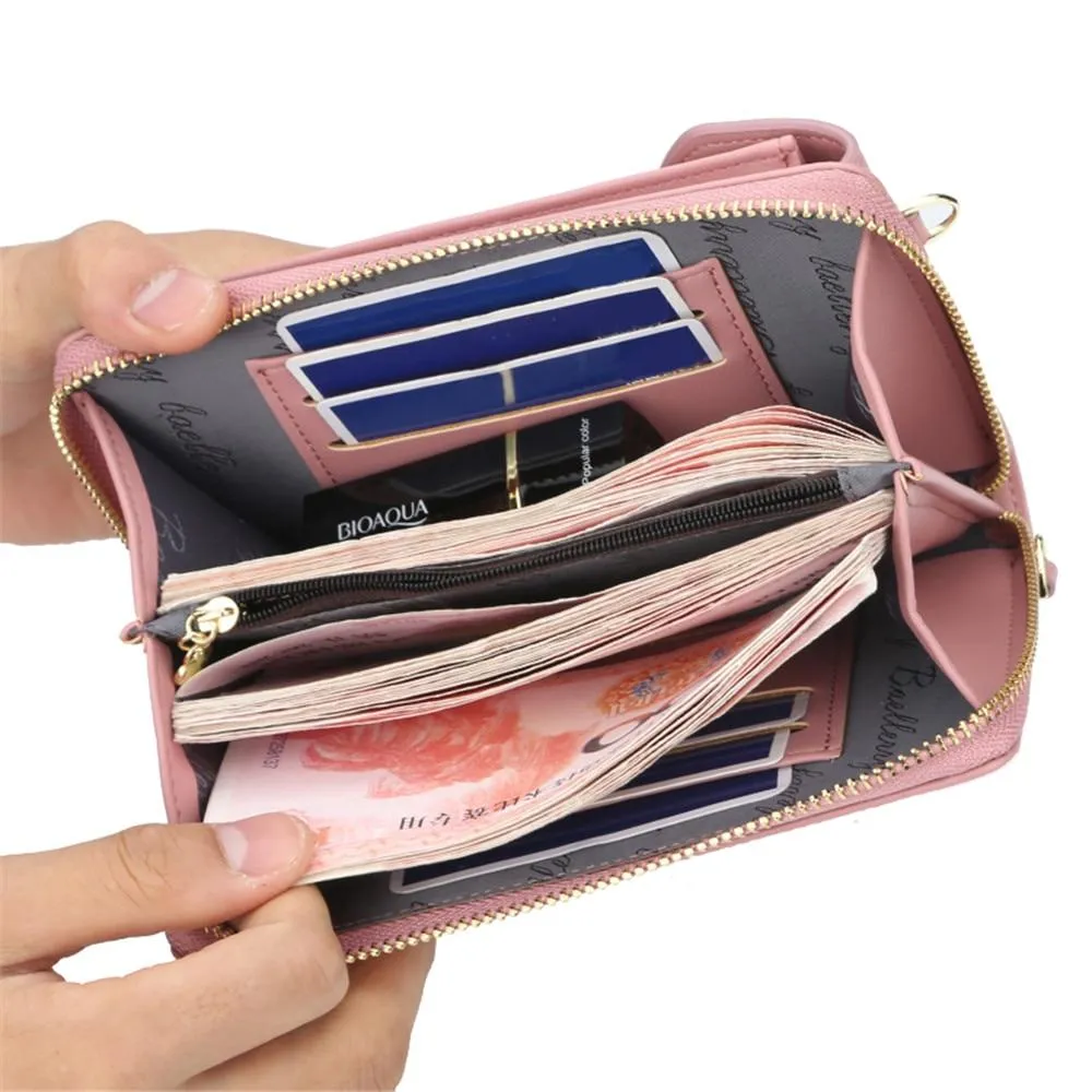 New Women Purses Solid Color Leather Shoulder Strap Bag Mobile Phone Big Card Holders Wallet Handbag Pockets for Girls |Top-Handle Bags|