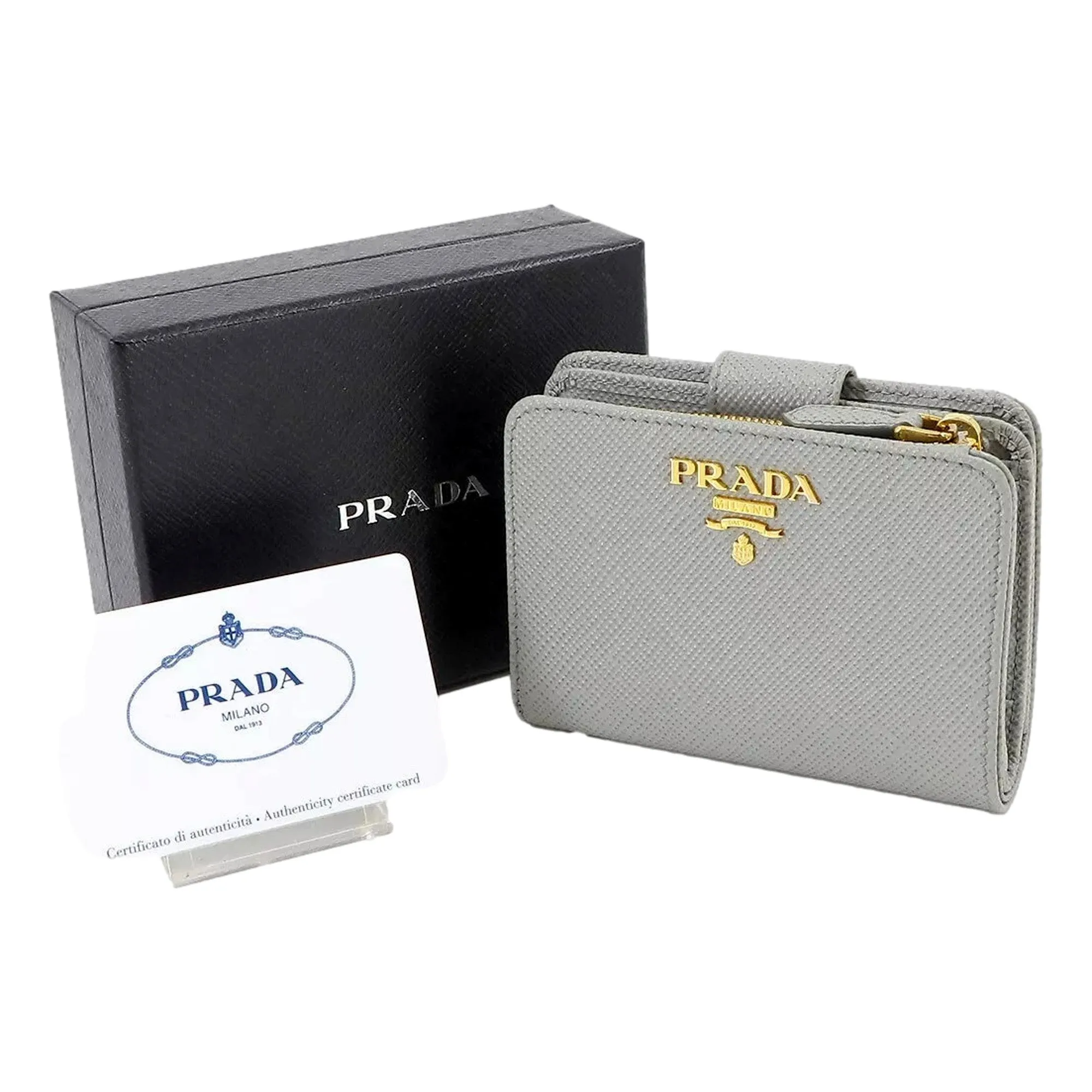 Prada Saffiano Leather Small Wallet with Zipper Nube Grey Metal Logo