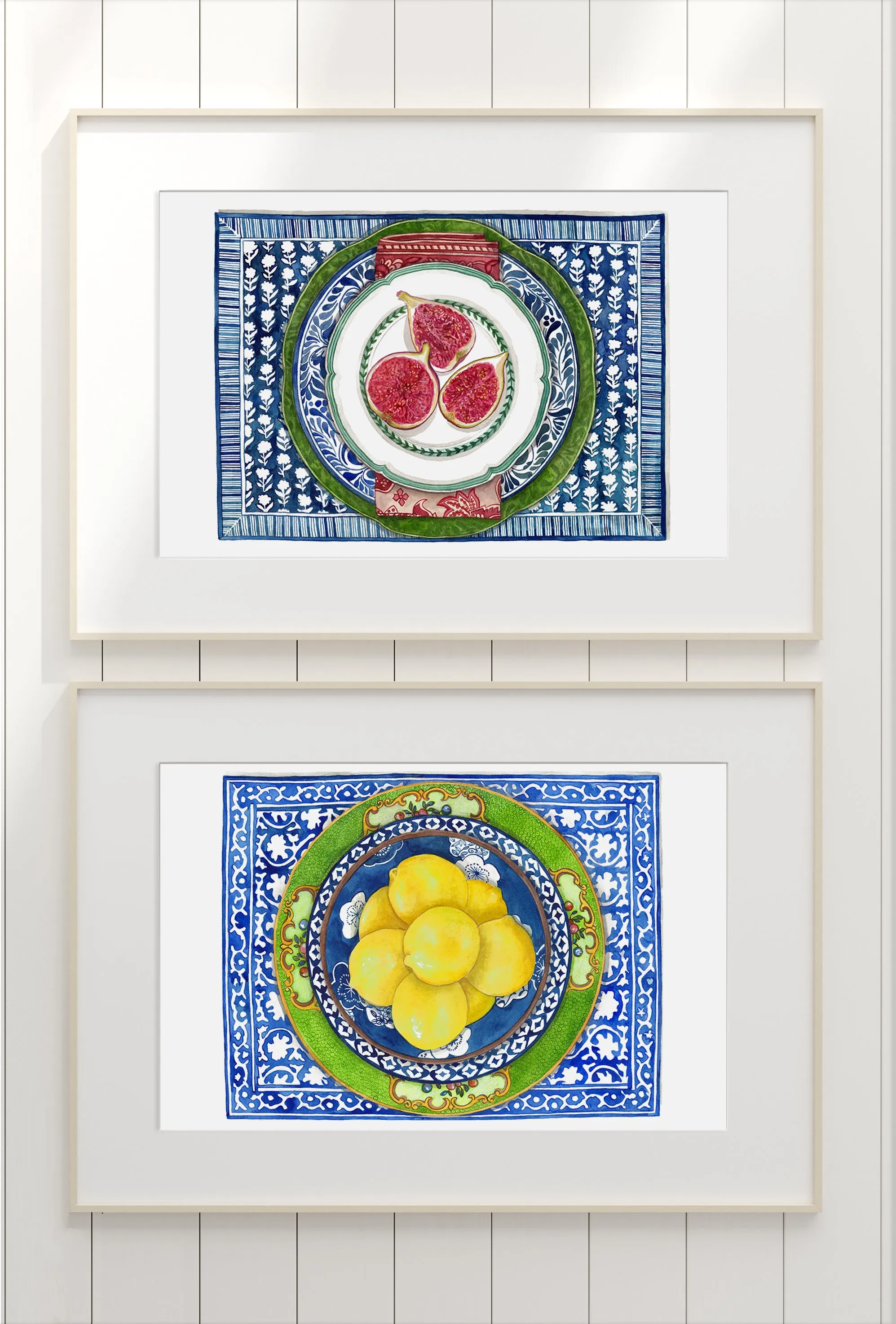 Print of lemons on blue and white plate with antique green plate