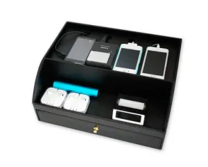 PU Leather Wooden Desk Decor Cosmetic Storage Box with Drawer - Black