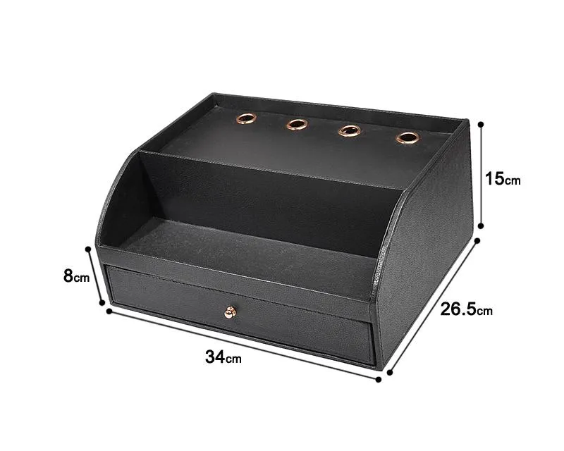 PU Leather Wooden Desk Decor Cosmetic Storage Box with Drawer - Black